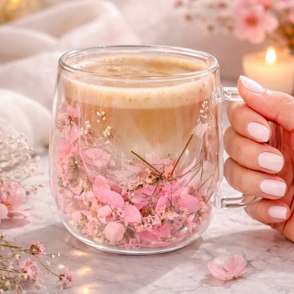 Pressed Flower Glass Mug Set Pink Blue – Aesthetic Floral Tea Cups Handmade Gift - Picture 7 of 12